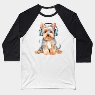 Watercolor Yorkshire Terrier Dog with Headphones Baseball T-Shirt